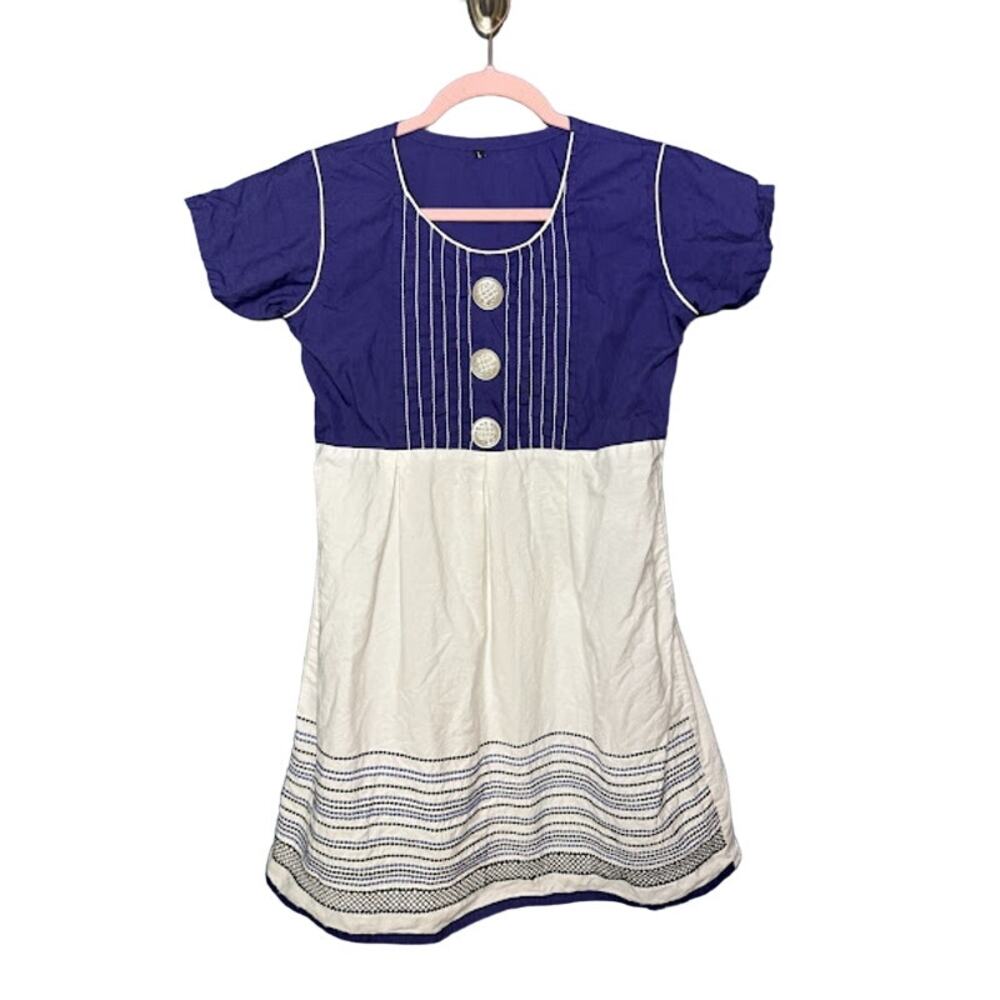 Y2K Big Buttons Dress Baby Doll Embroidered Dress Short Blue and White Sz Large